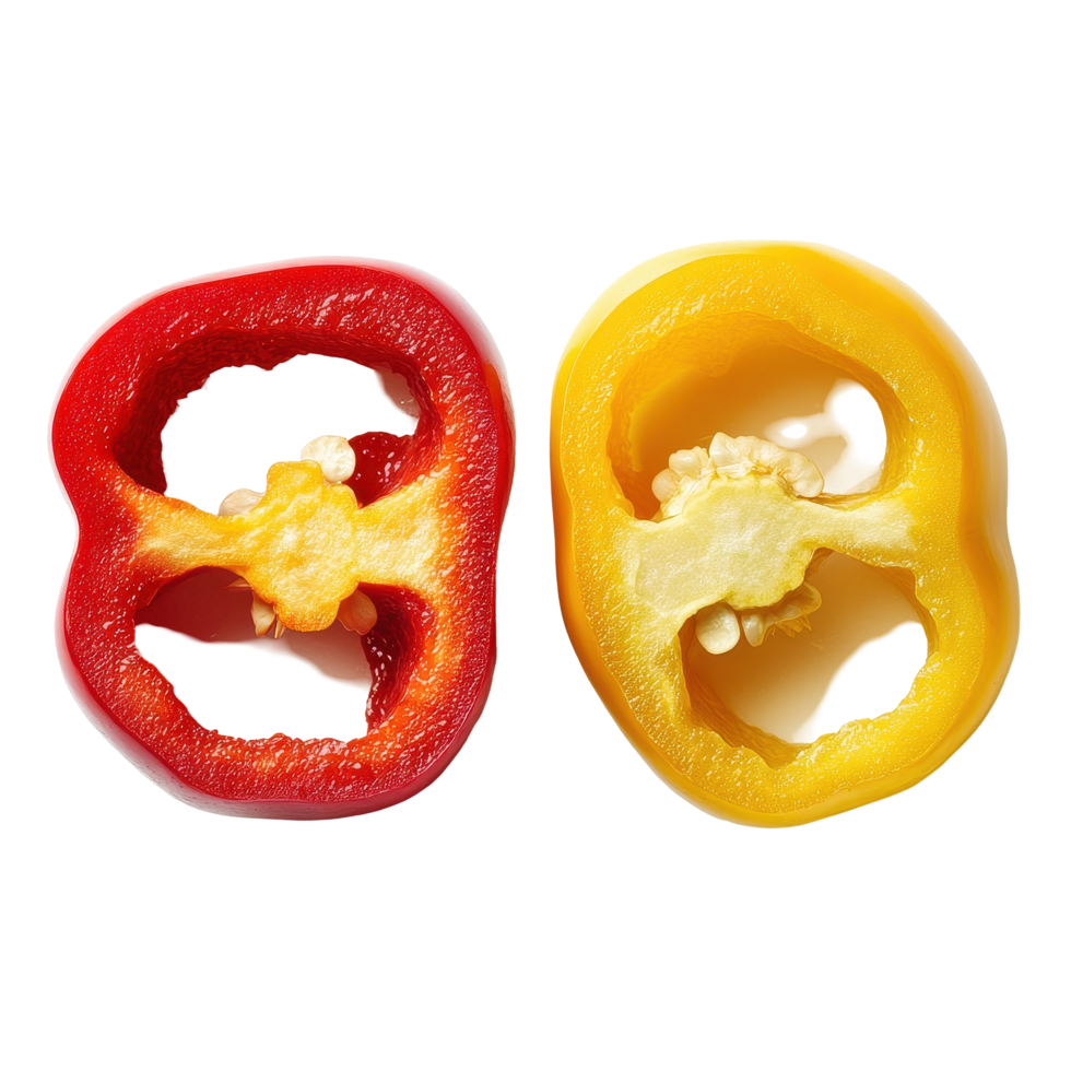 Sliced red and yellow bell peppers displayed on a Transparent background for culinary presentation, Sliced red and yellow pepper isolated on background png