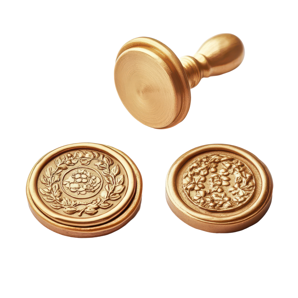 Elegant gold wax seals and a wax stamp on a white background for creative projects, gold wax seals, wax stamps isolated on white background png