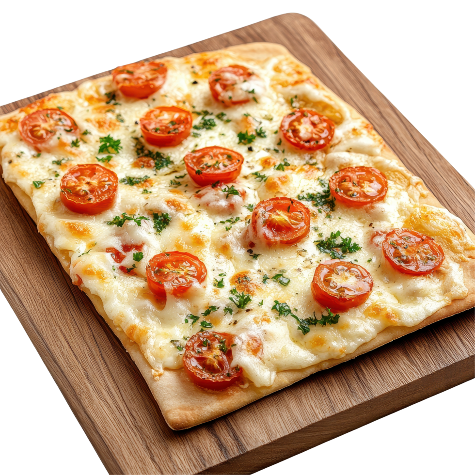 Enjoying Flammkuchen with cheese and tomatoes on a wooden board in a cozy German eatery, German cuisine, Flammkuchen with cheese and tomatoes Isolate png