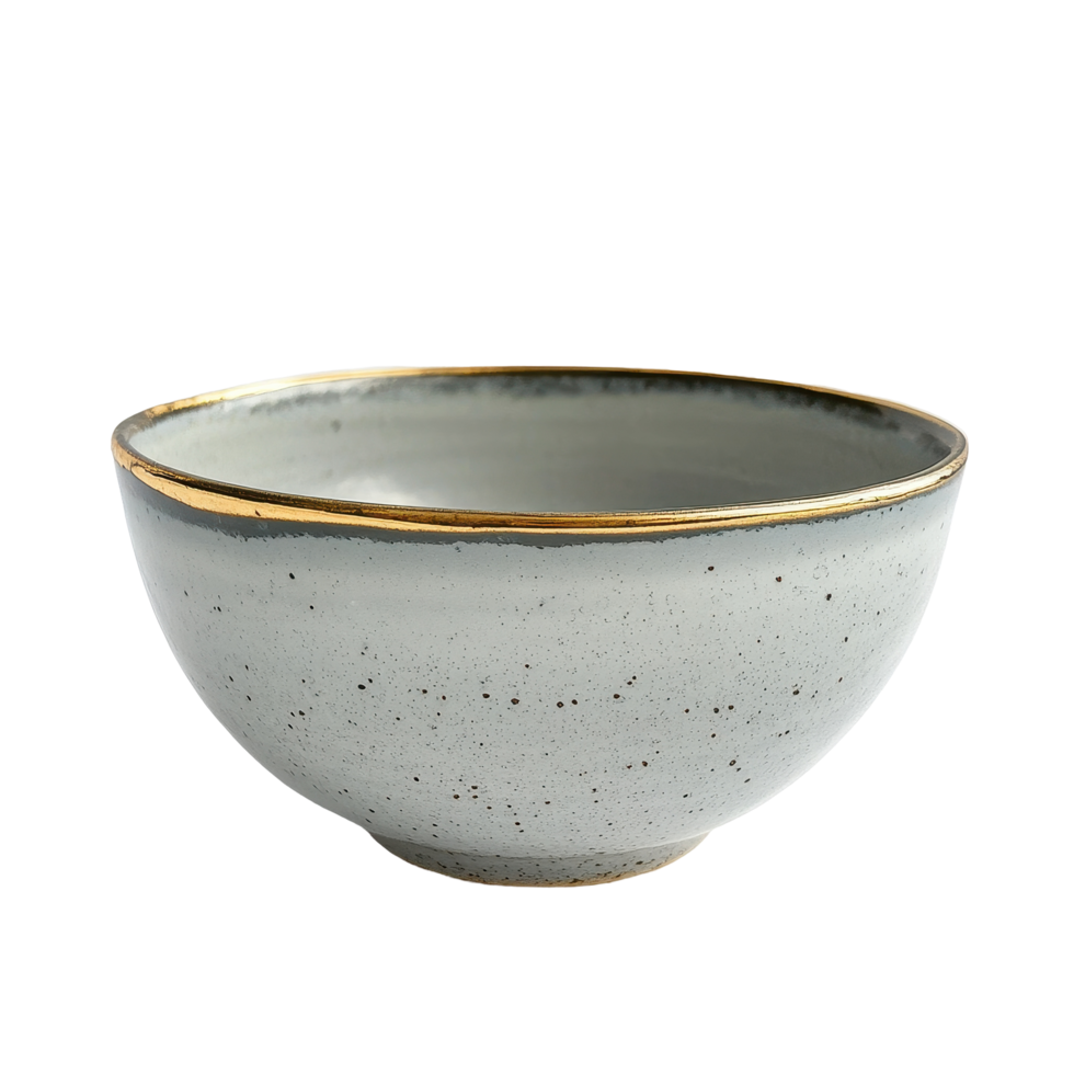 Elegant gray ceramic bowl with gold rim on simple white background showcasing minimalist design, bowl on white background png