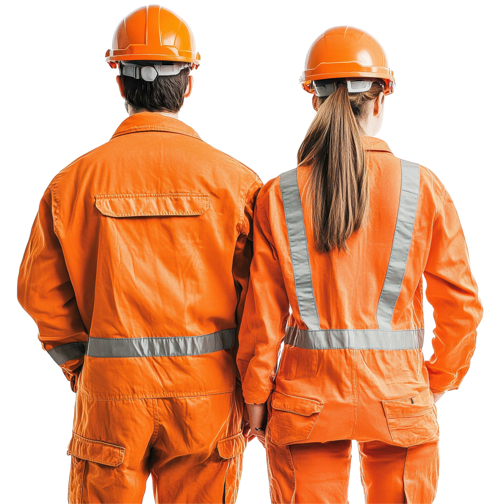 Couple in construction attire standing together with helmets on at a work site, Couple in Construction Attire Back View isolated on Transparent background png