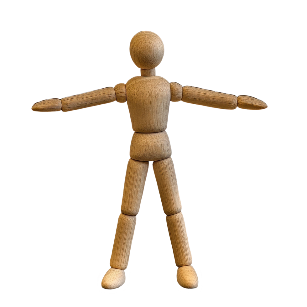 Miniature wooden mannequin standing with arms outstretched on a wooden table in a creative workspace, Miniature wooden mannequin with its arms spread out png