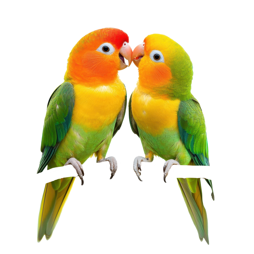 Cute agapornis parrot birds sharing a moment of love while perched on a branch against a Transparent background, Cute Agapornis parrot birds, in love, isolated on background png