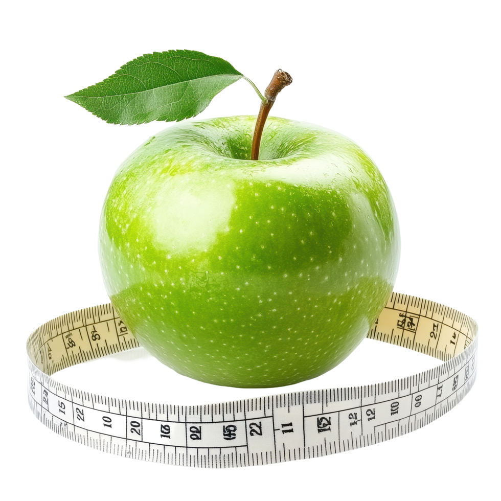 Fresh green apple with tape measure highlights healthy eating and fitness goals, Fresh green apple and tape measure isolated on white background png
