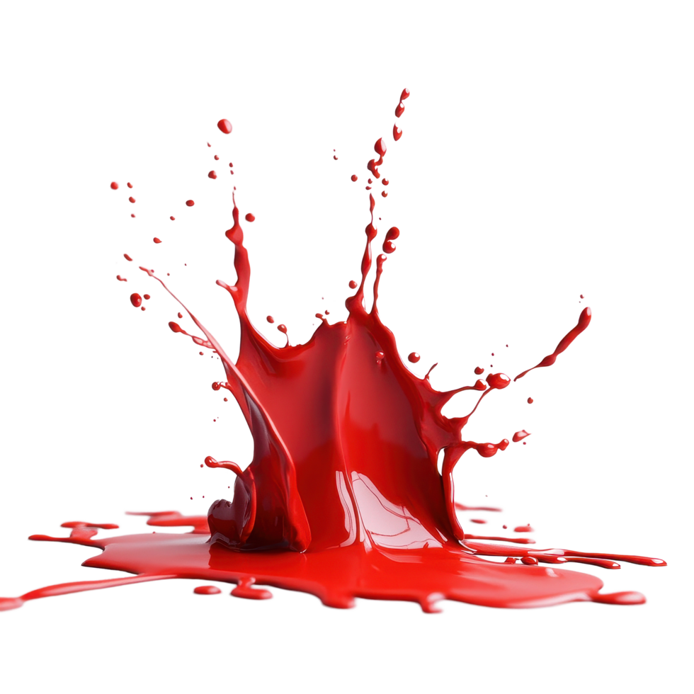 Red paint splash creating dynamic patterns on a clean white surface with vibrant energy, Red Paint Splash on Transparent background png