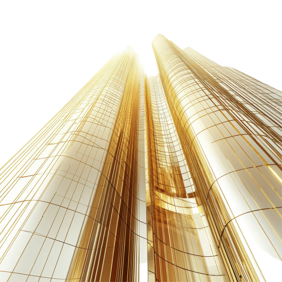 Modern golden skyscraper showcasing innovative architecture under bright daylight, Golden Skyscraper Modern Architecture at Sun, white background png