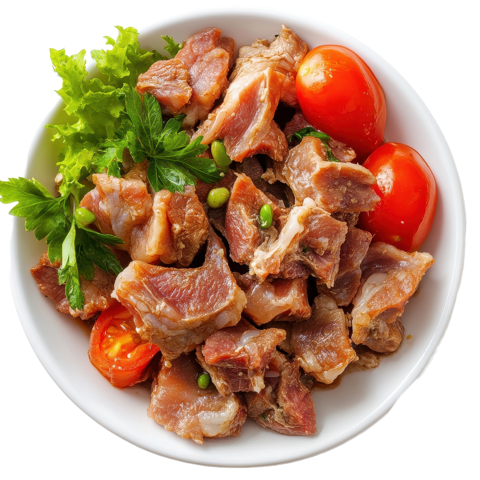 Boiled meat served with fresh herbs and cherry tomatoes in a white bowl on a clean surface, Dish made of boiled meat isolated on Transparent background png