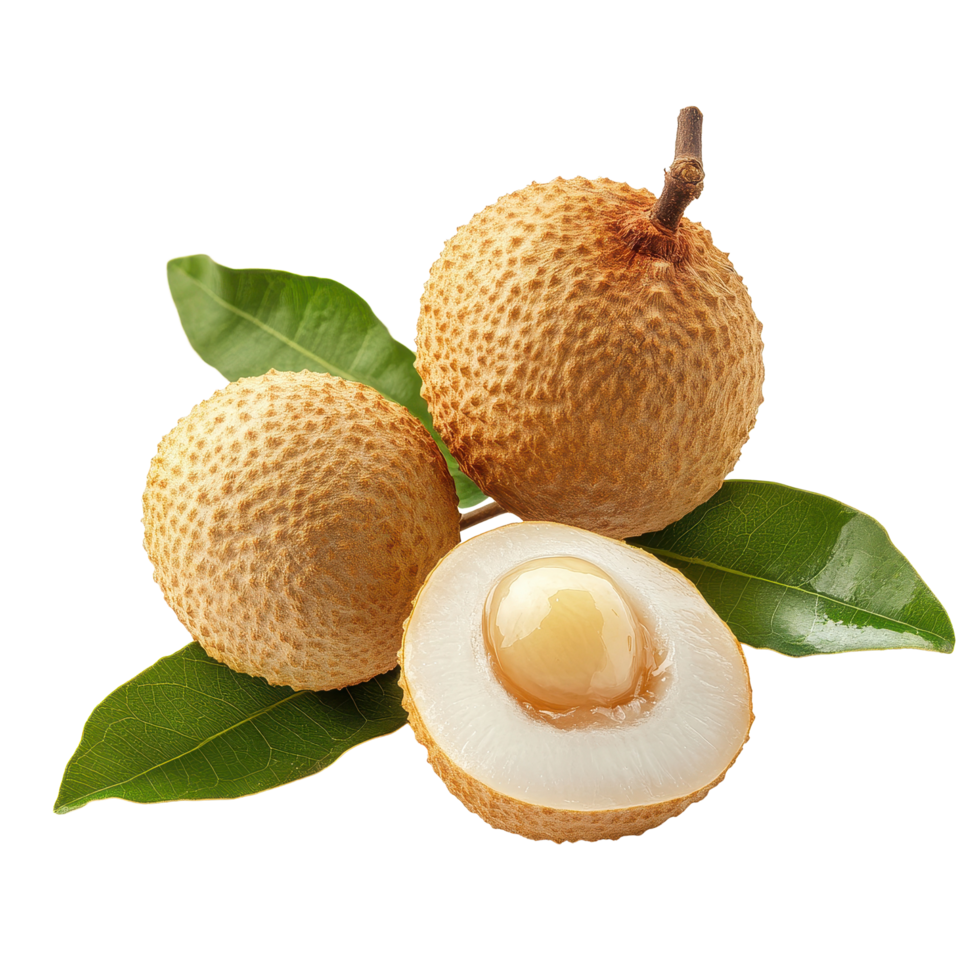 Fresh longan fruit with green leaves on a clean white background showcasing its unique texture and appearance, fresh longan with leaf isolated on white background png