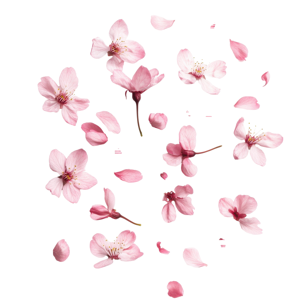 Cherry blossom petals scattered on a white background for seasonal decor and artistic projects, Cherry blossom petals isolated on white background png
