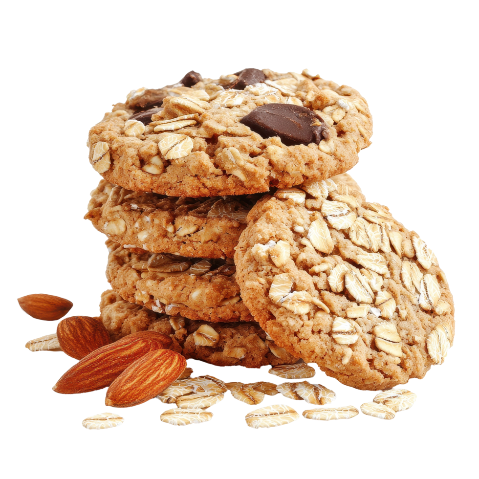 Oatmeal cookies with chocolate chunks and almonds arranged on a Transparent background creating an enticing treat, Oatmeal cookies and muesli isolated on background png