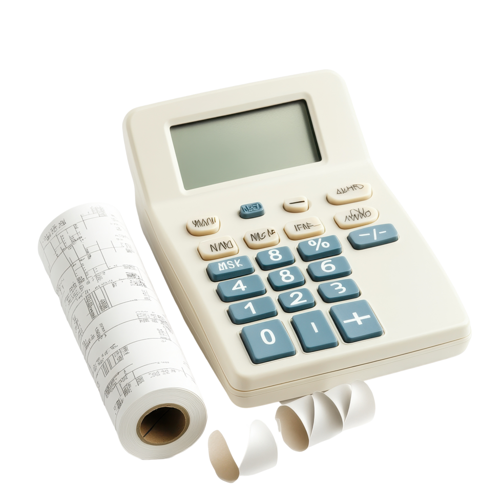 Deluxe printing calculator with rolled paper tape for accurate calculations and record keeping, Printing Calculator with Paper Tape Rolled Up, Transparent background png