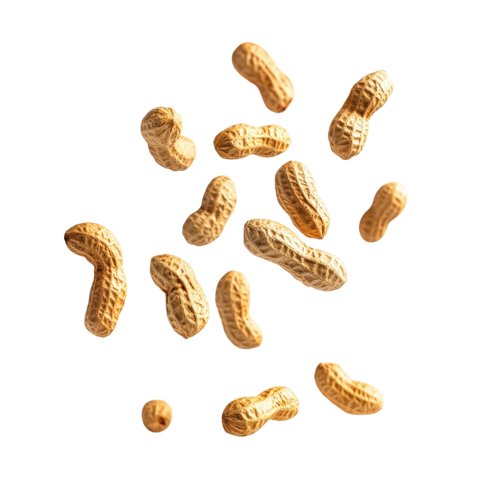 Falling peanuts in mid air against a white background capturing a dynamic food moment, Falling peanuts isolated on white background png