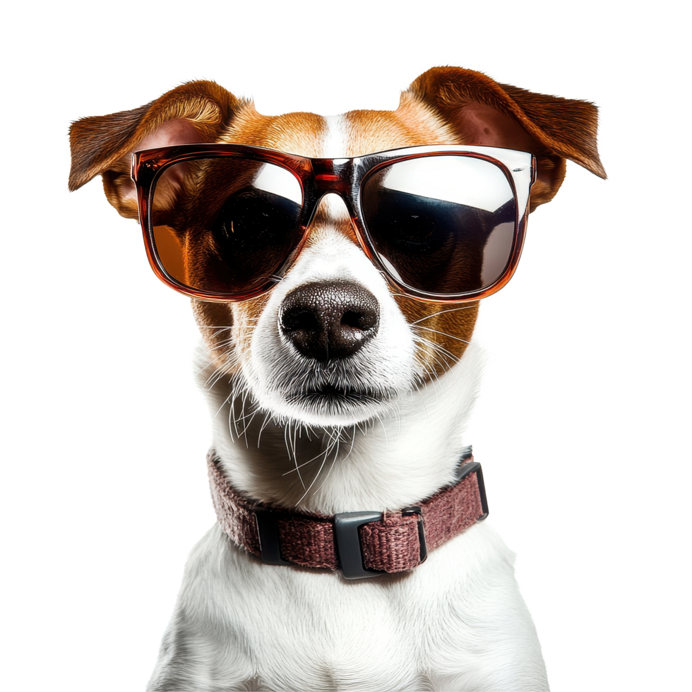 Dog wearing sunglasses shows cool attitude in isolated Transparent background, Cool dog wearing sunglasses funny, isolated on background png