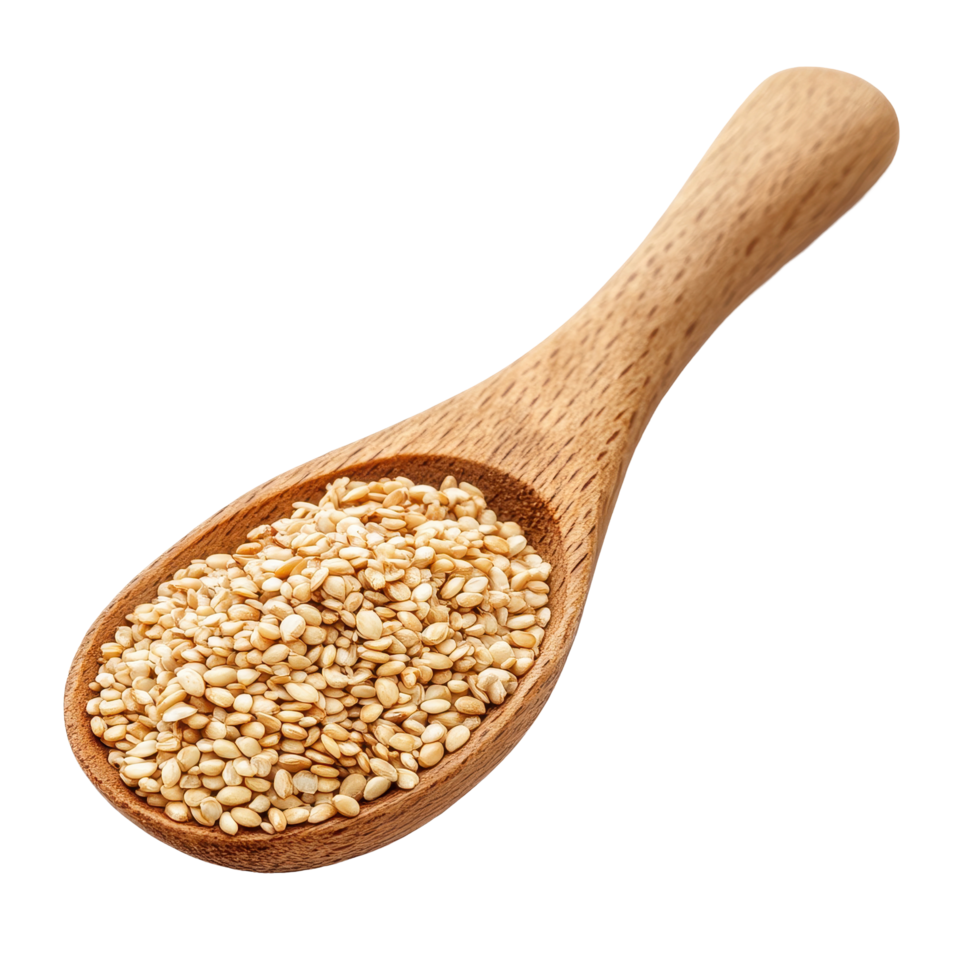 Sesame seeds displayed in wooden spoon on Transparent background for culinary uses and health benefits, Sesame in wood spoon isolated on background png