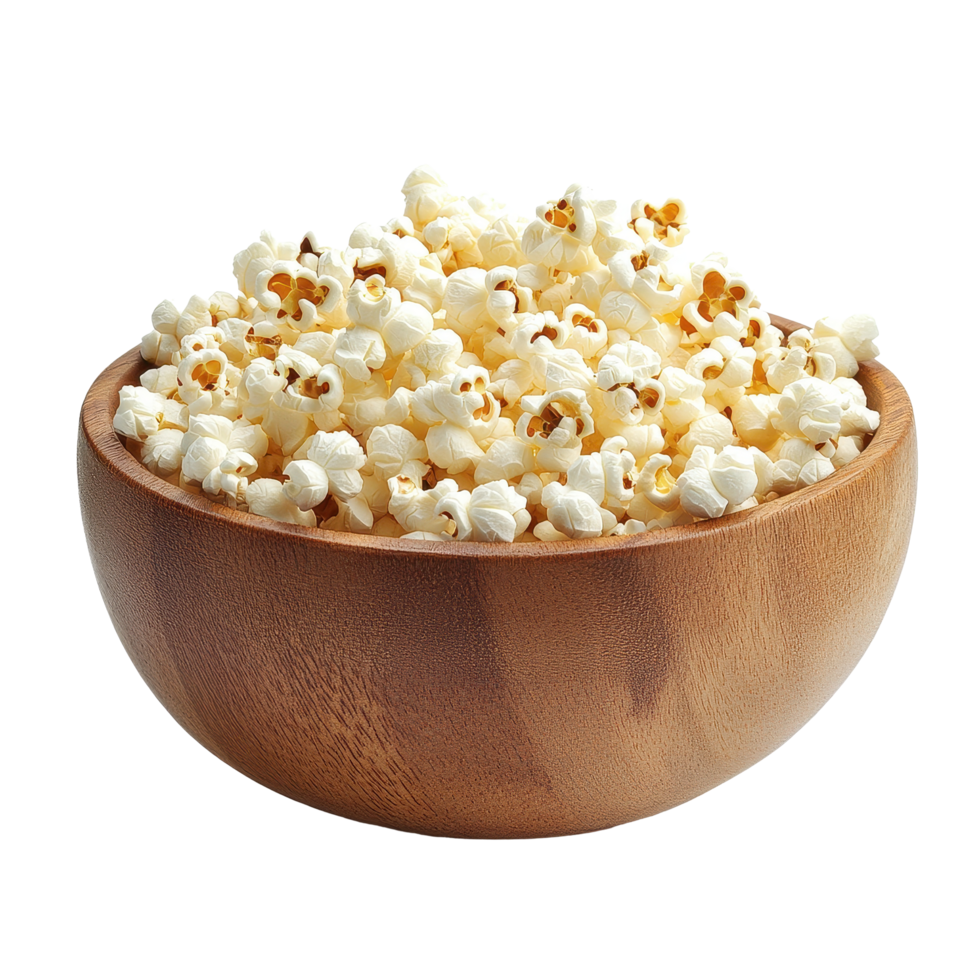 Delicious popcorn in a wooden bowl set against a clean Transparent background, Popcorn in a wood bowl on background png