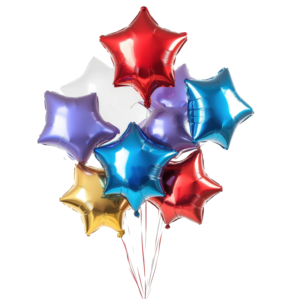 Colorful star shaped balloons with shining surfaces on a white background for celebrations, bunch balloons with stars on the side, white background png