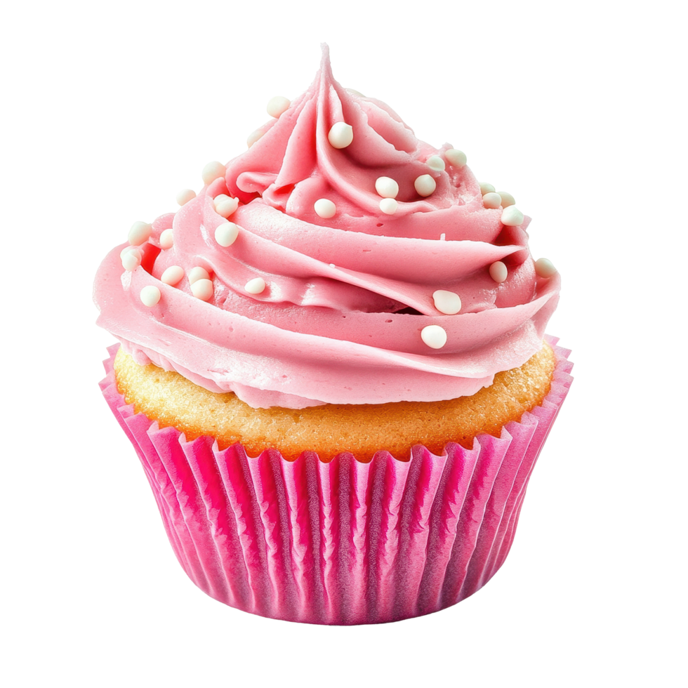 Delicious pink cupcake with creamy frosting and decorative sprinkles, isolated on a Transparent background, Pink cupcake isolated on background png