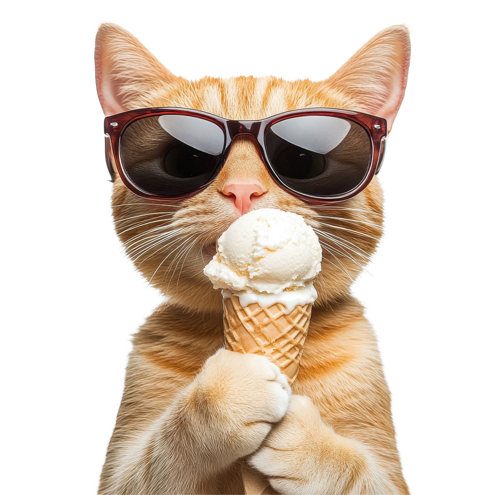 Funny cat enjoying ice cream while wearing stylish sunglasses on a sunny day, Funny cat wearing sunglasses, licking ice cream, white background png