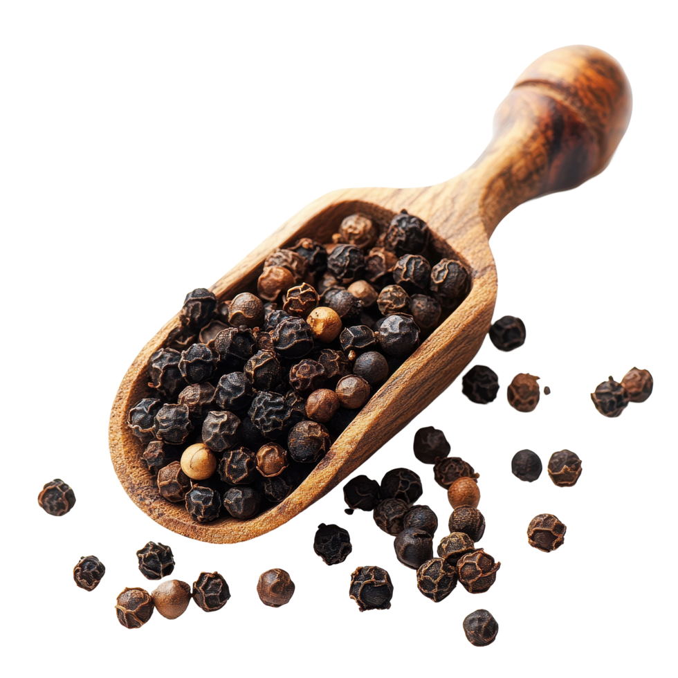 Peppercorns in wooden scoop create a rustic kitchen look against a Transparent background, peppercorn in scoop isolated on background png