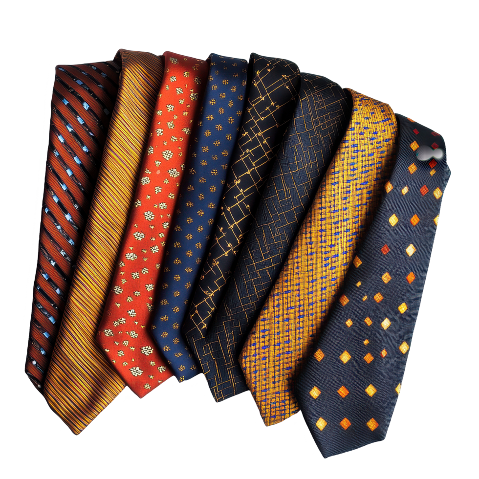 Selection of assorted neckties arranged on a Transparent background showcasing various patterns and colors, Neckties, background png