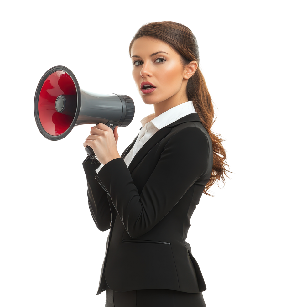 Young business woman confidently delivering a message with a megaphone in a professional setting, Young business woman with megaphone. leadership concept Transparent background png
