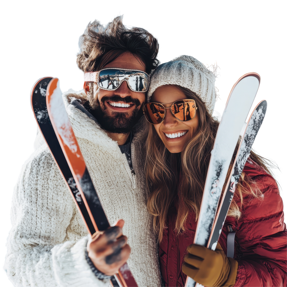 Couple enjoying a winter day on the slopes holding skis in a snowy mountain resort, Happy couple with skis in hands png