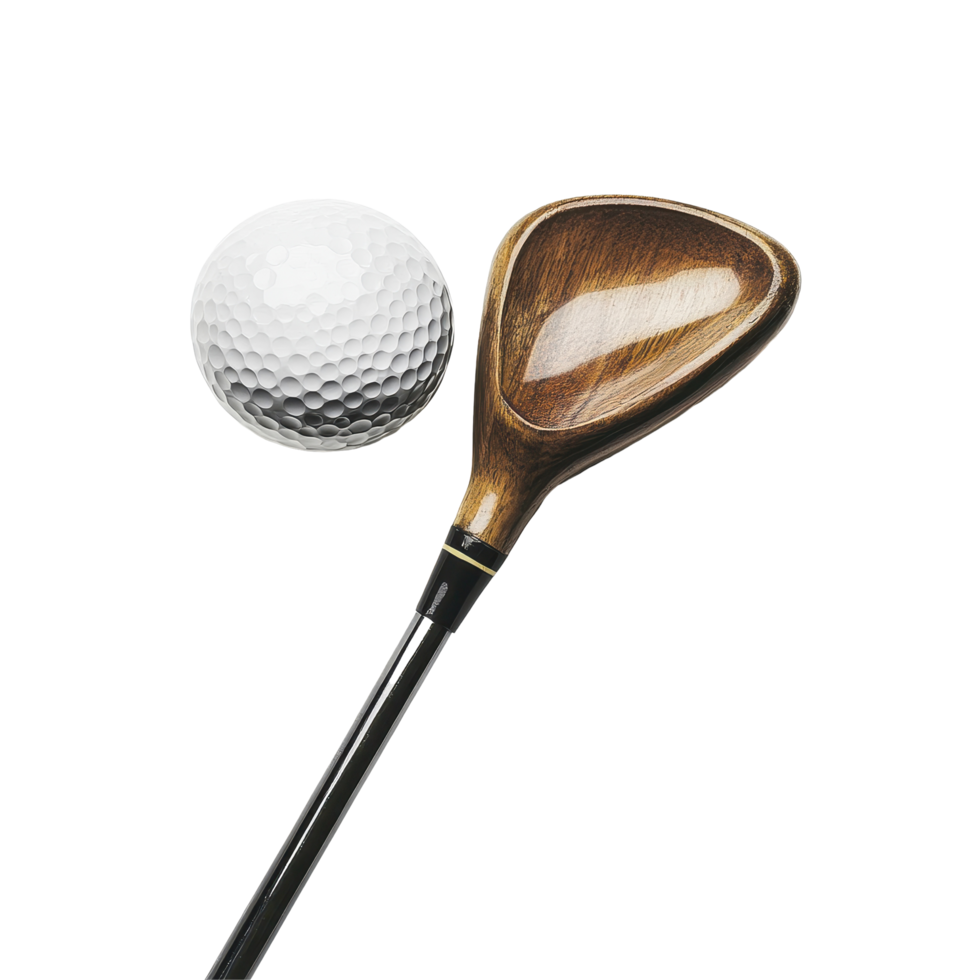 Closeup of golf club resting next to golf ball on tee against a Transparent background for perfect swing preparation, Closeup Golf Club and Golf Ball on Tee png