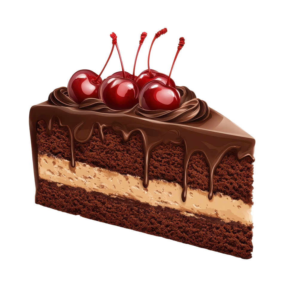 Indulgent chocolate cake with rich frosting and cherries perfect for dessert lovers, piece chocolate cake with chocolate frosting and cherries, Transparent background png