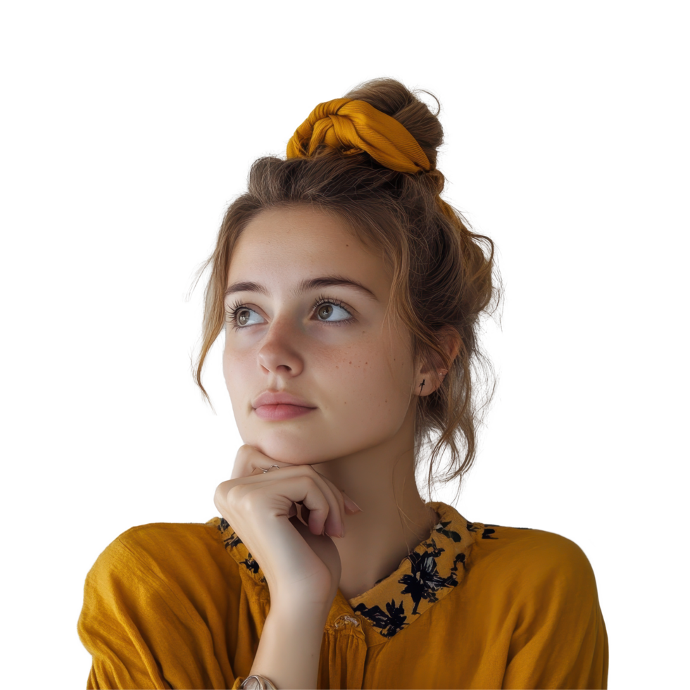 Young woman thoughtfully considering her ideas against a plain Transparent background, young woman thinking background png