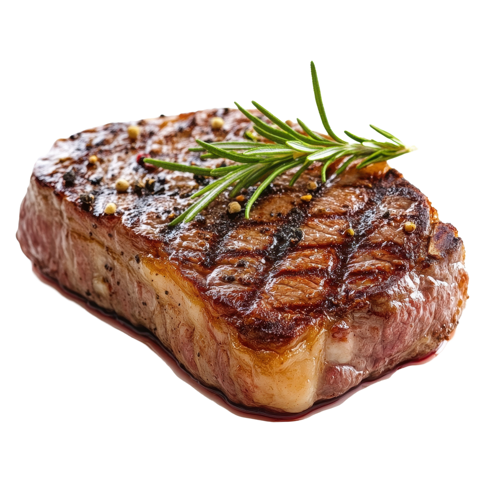 Ripe steak with grill marks and fresh rosemary on Transparent background, Ripe steak isolated, background png