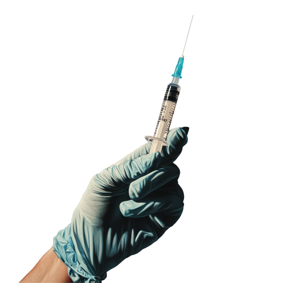 Gloved hand holds syringe ready for injection in a clinical setting, Hand in a Glove Holding Syringe png