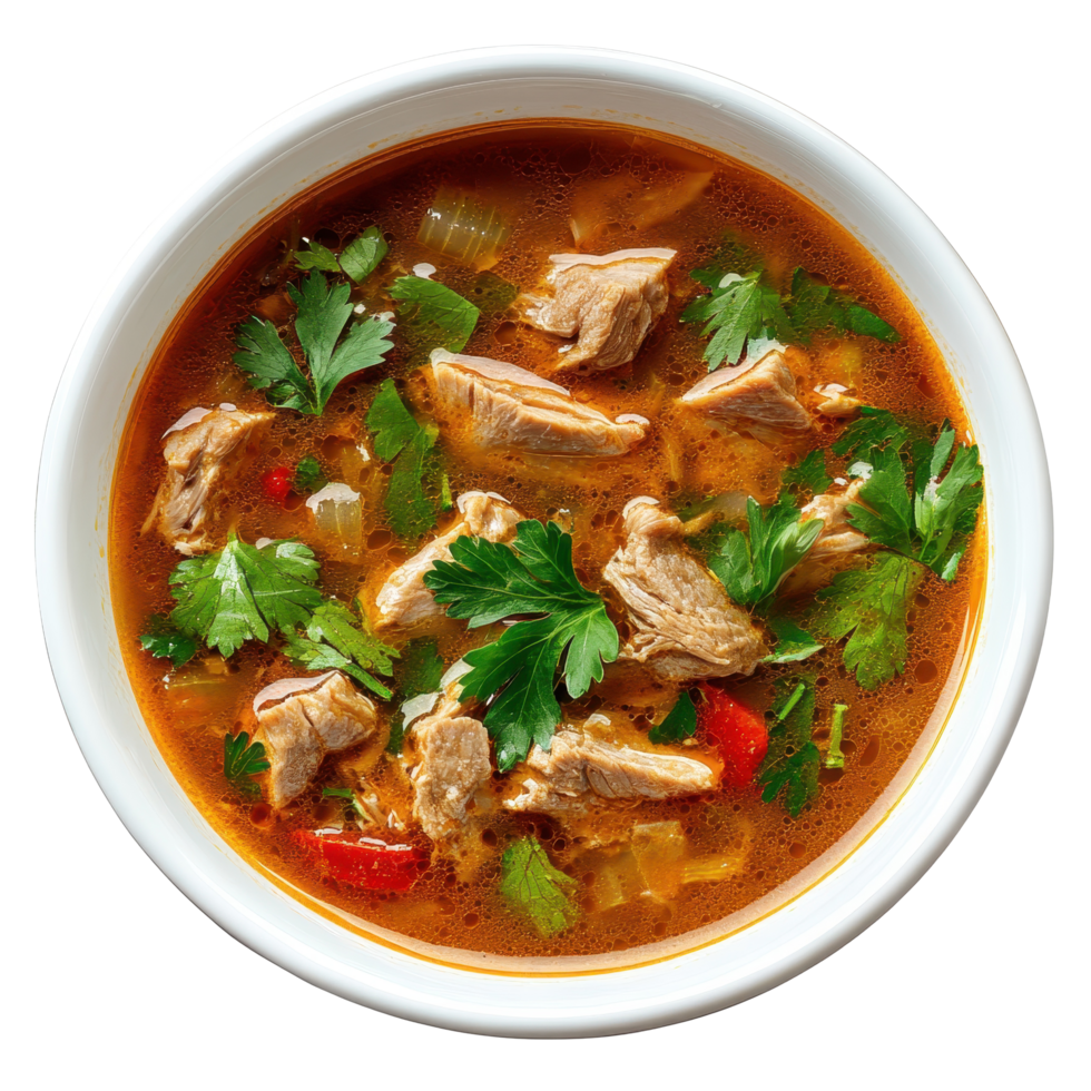 Hot and spicy pork soup garnished with fresh herbs on a white background, hot and spicy soup with porkisolated on white background png
