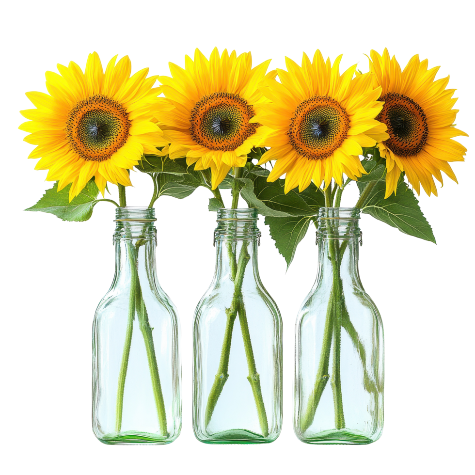 Bright sunflowers in glass bottles create a lively indoor display with vibrant colors, Closeup view brightly blooming sunflowers in glass bottles isolated on Transparent background png