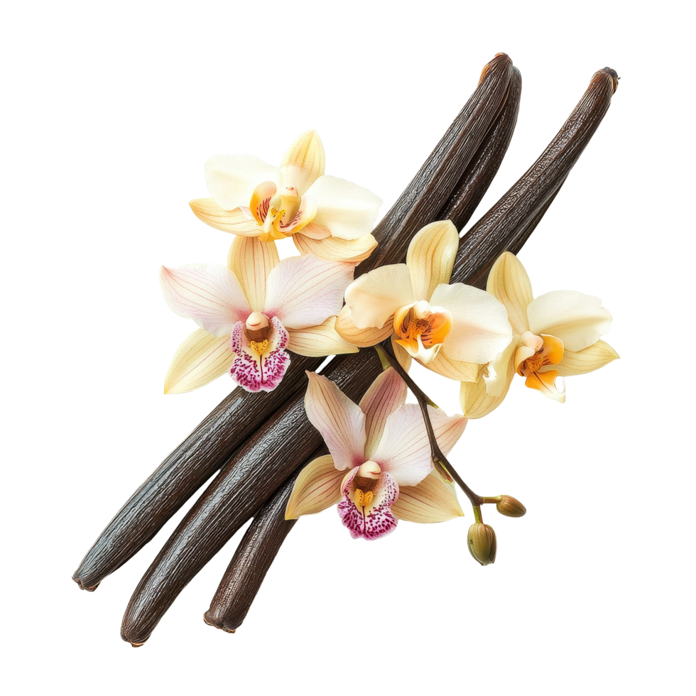Vanilla pods alongside delicate orchid flowers displayed on a Transparent background, Vanilla pods and orchid flowers isolated on background png