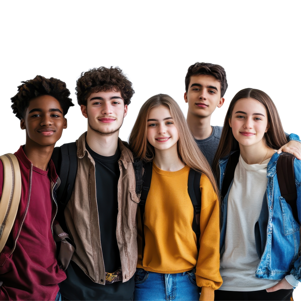 Group of diverse high school students standing together in a studio setting with white background, Group students isolated on white png