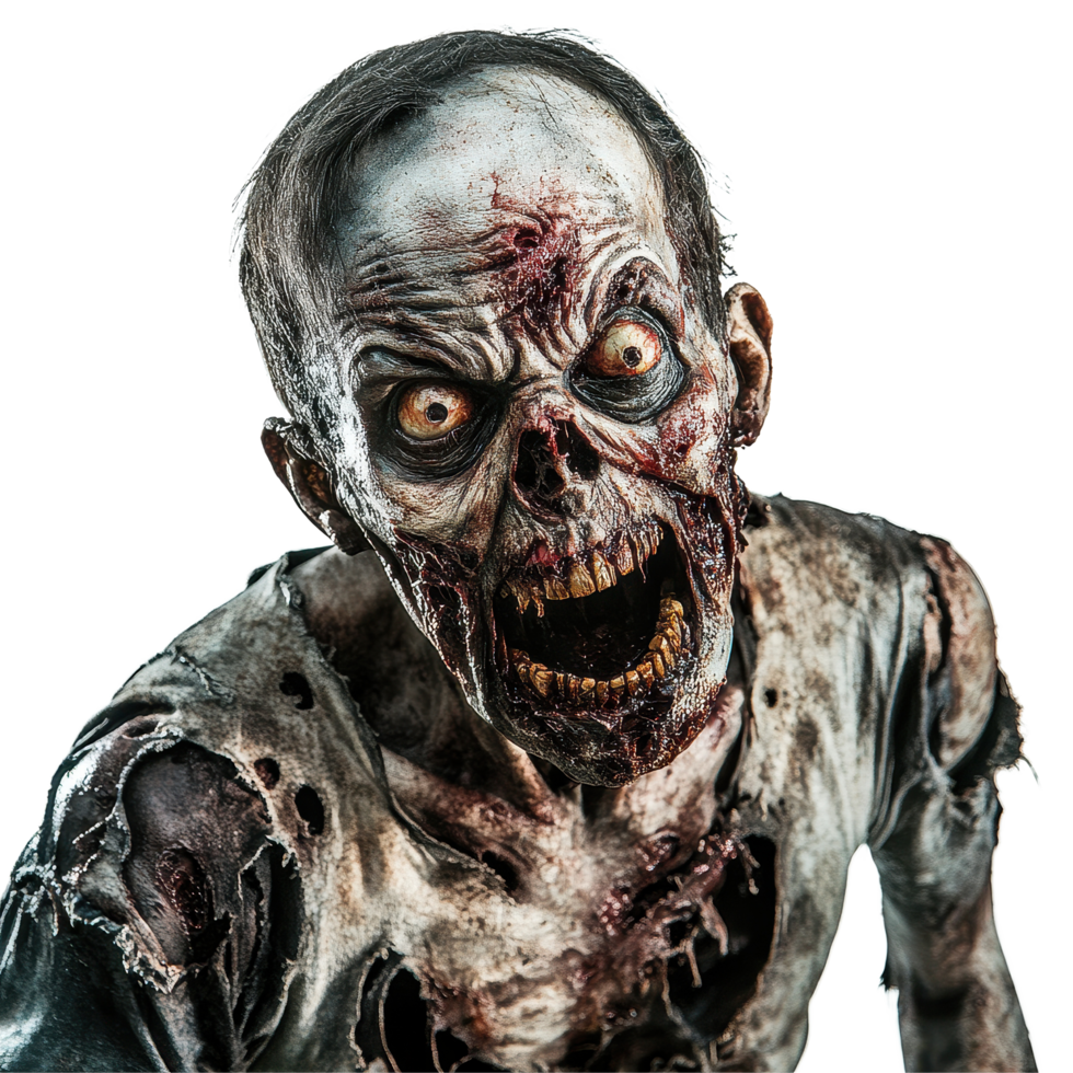 Terrifying zombie with grotesque features and eerie expression on plain Transparent background, Terrifying Zombie On background png