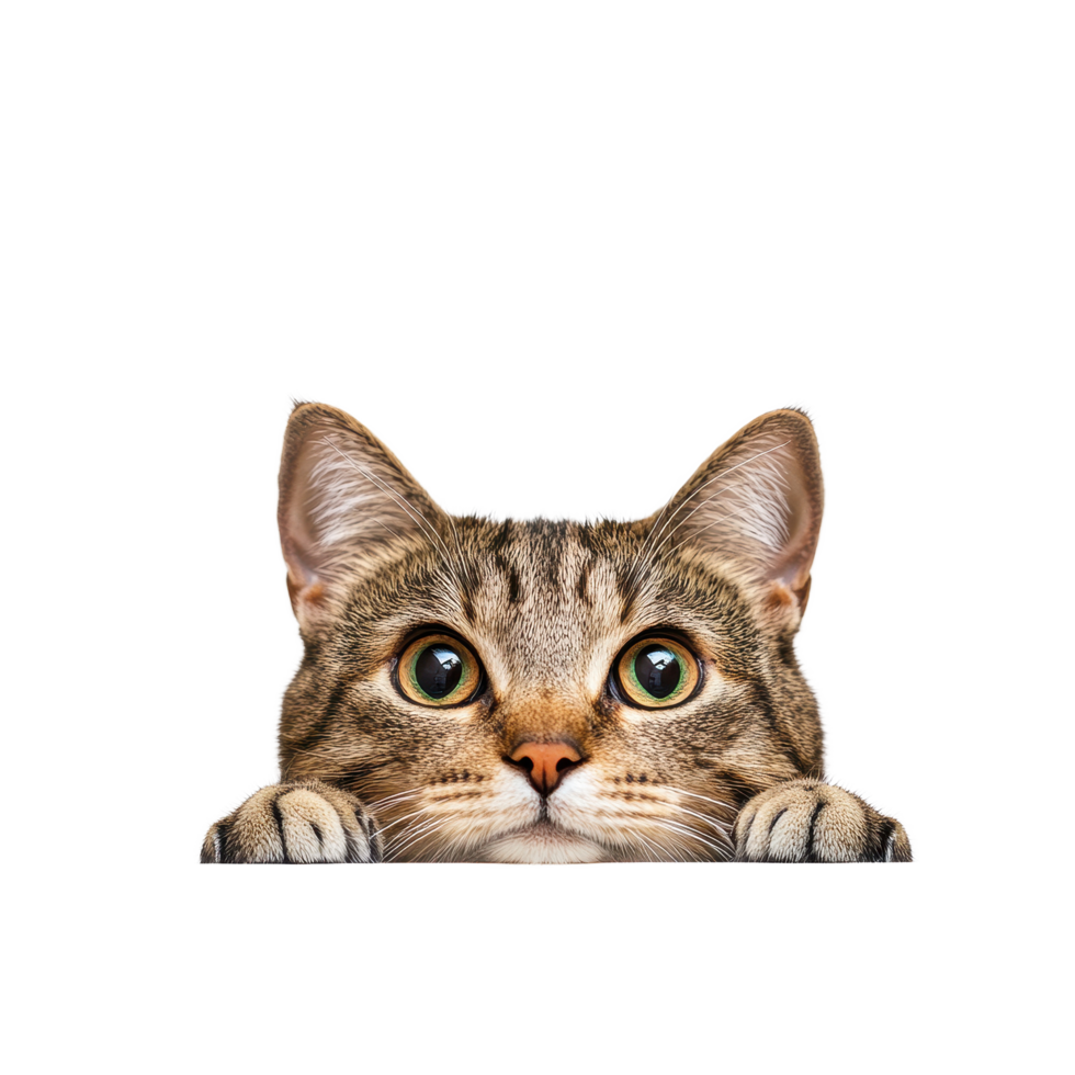 Curious cat peeking over a white tabletop against a clean background in a bright setting, Cat Peeking Over white top table White background png