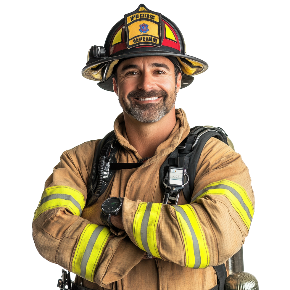 Friendly and confident firefighter smiling with arms crossed in uniform, firefighter portrait, friendly smiling arms crossed isolated on solid white background png