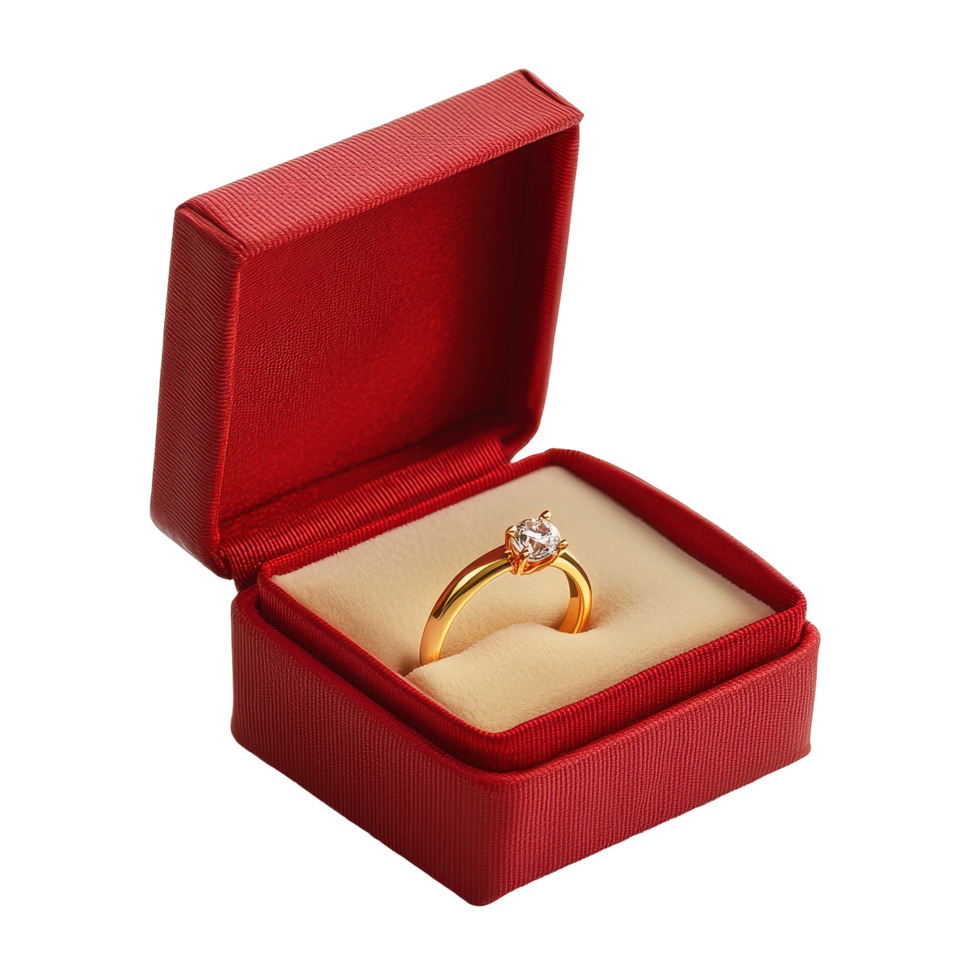 Elegant gold ring presented in a luxurious red box against a Transparent background, redbox and gold ring isolated on background png
