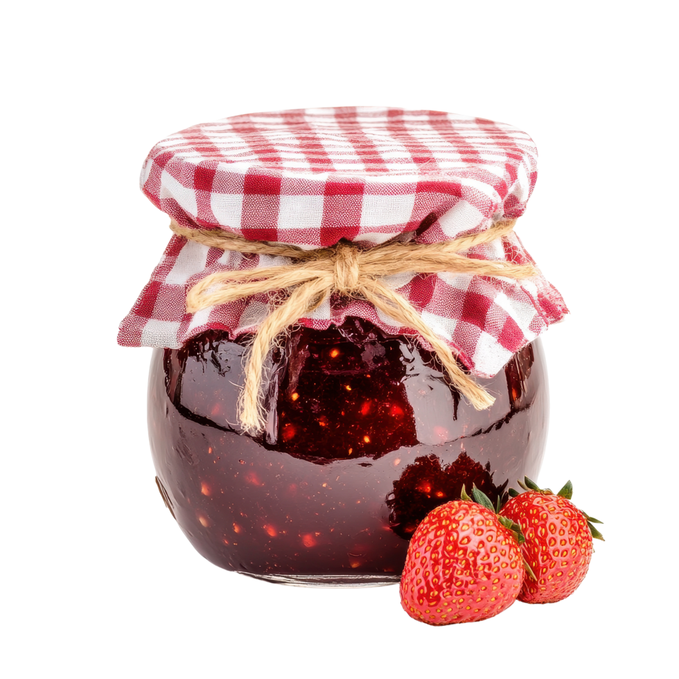 Homemade strawberry jam jar with gingham cloth cover and fresh berries on display, Jar Homemade Strawberry Jam with Gingham Cloth Cover on Transparent background png