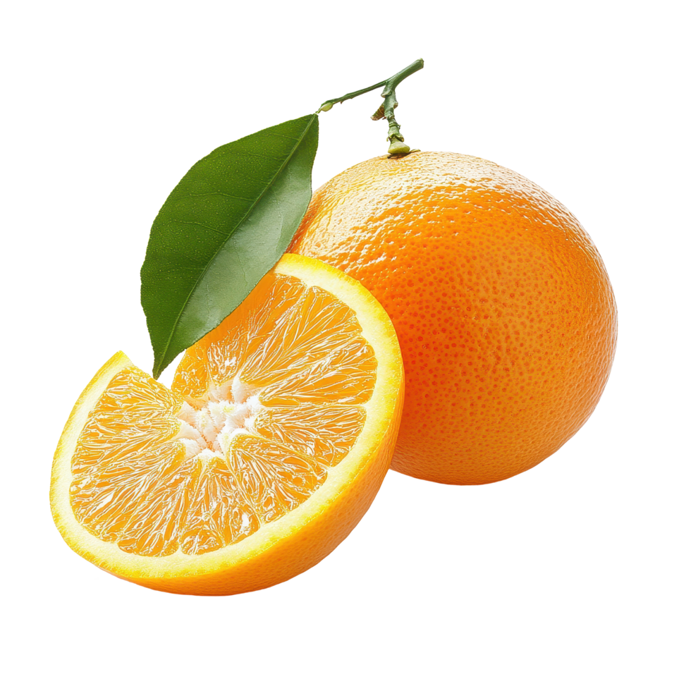 Fresh orange fruit half and slices on Transparent background highlighting vibrant color and texture, Orange fruit, half and slices isolated, Orange fruit macro studio photo background png