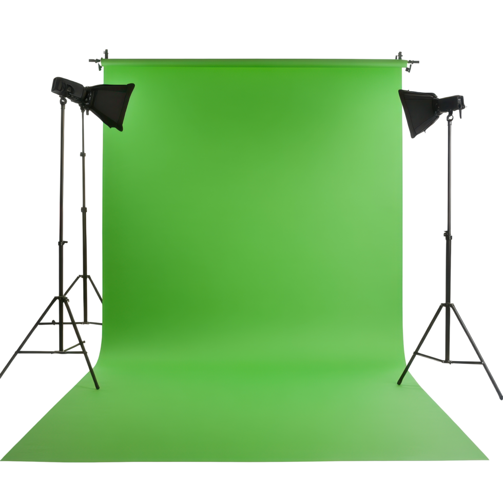 Professional green screen setup with studio lights for production and photography, Green screen isolated on white background Chroma key, white background png