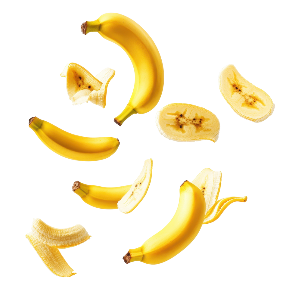 Falling slices of banana create a playful display against a bright white background, Falling flying banana slices isolated on white background png
