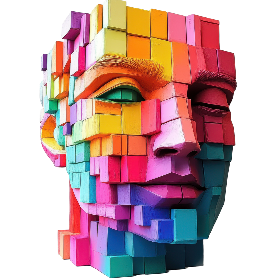 Colorful abstract sculpture of a face made from vivid blocks on a Transparent background, colorful sculpture a face made out blocks, background png