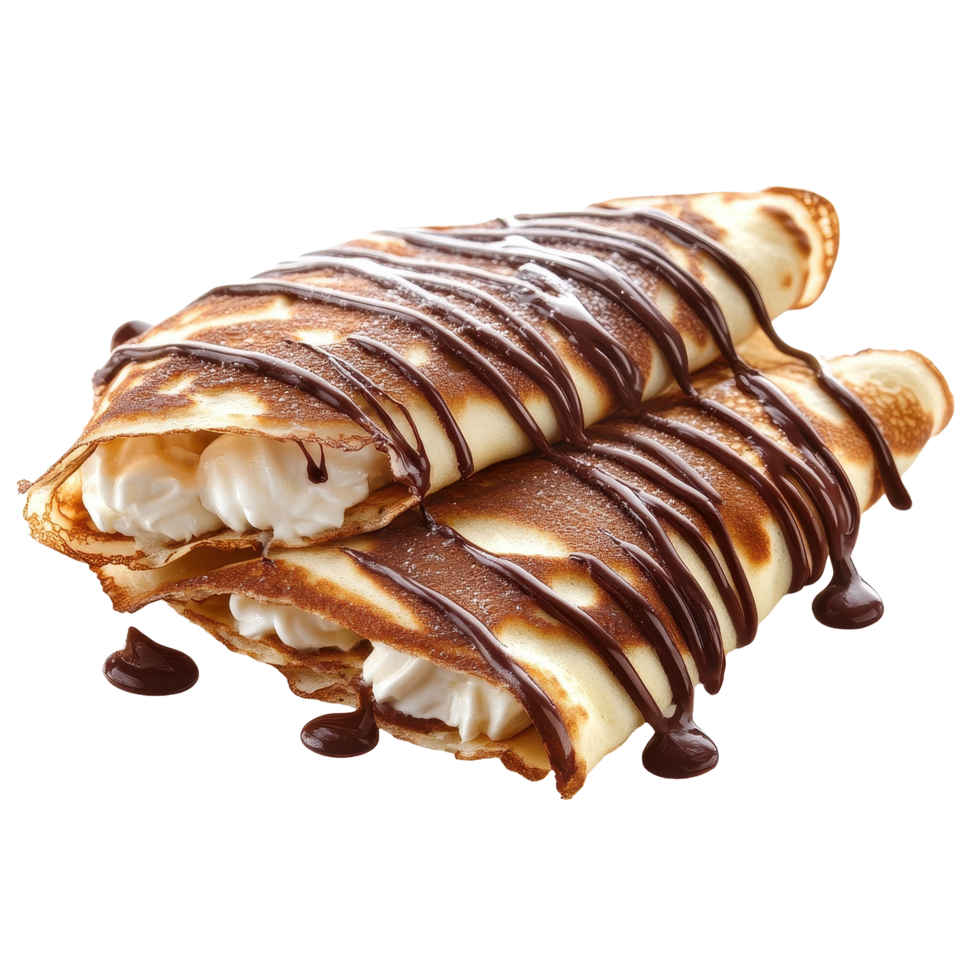 Delicious chocolate drizzled filled crepes ready to enjoy on a clean white background, Chocolate drizzled, filled crepes isolated on white background png