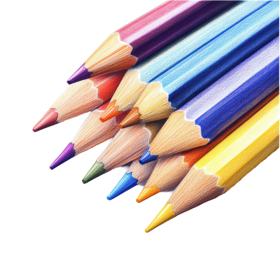 Colored pencils arranged in a vibrant display with sharpened tips on a plain background, pencil with a pencil tip and colored pencils, Transparent background png
