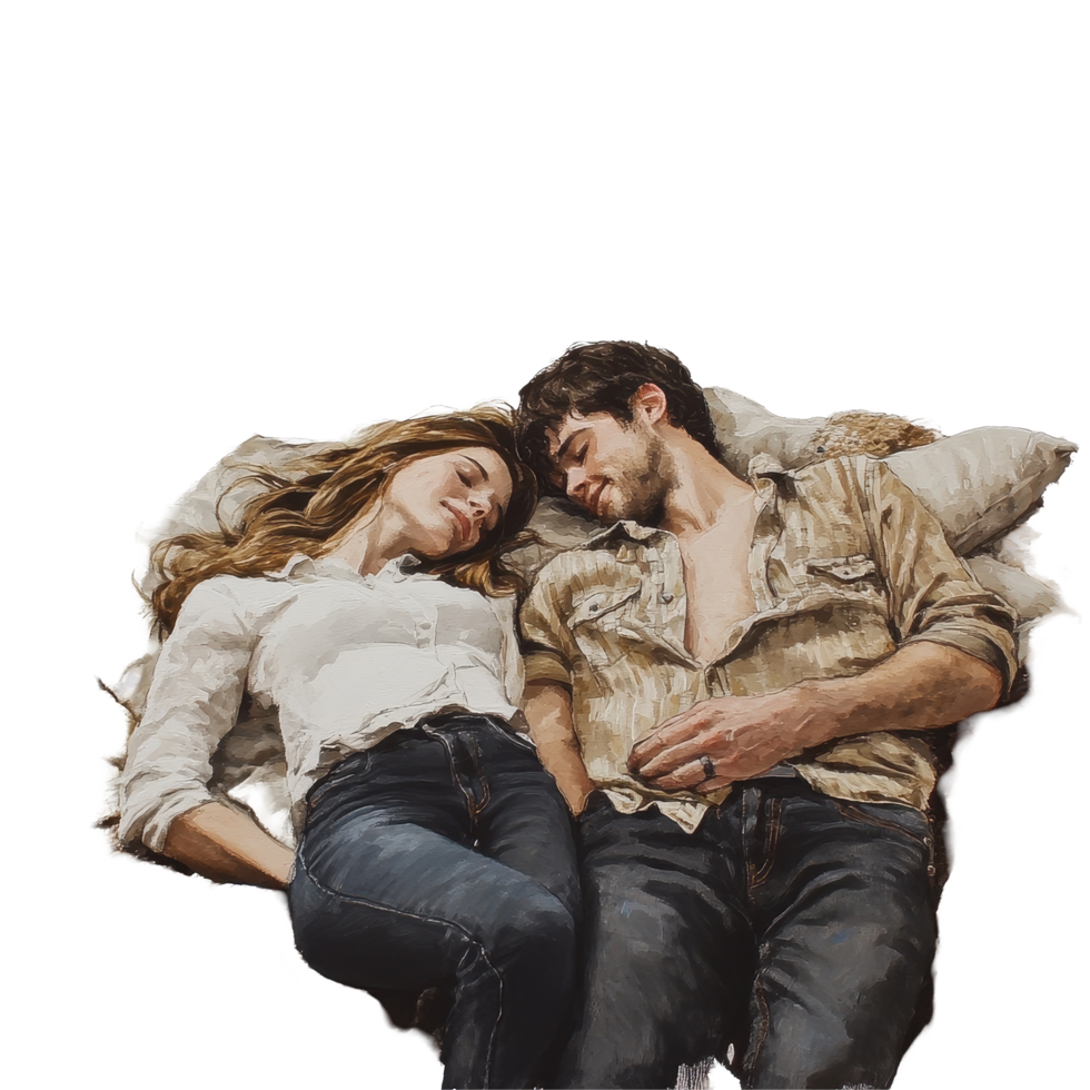 Couple relaxing on a blanket in a cozy moment of intimacy and connection, painting a couple laying down on a blanket, Transparent background png