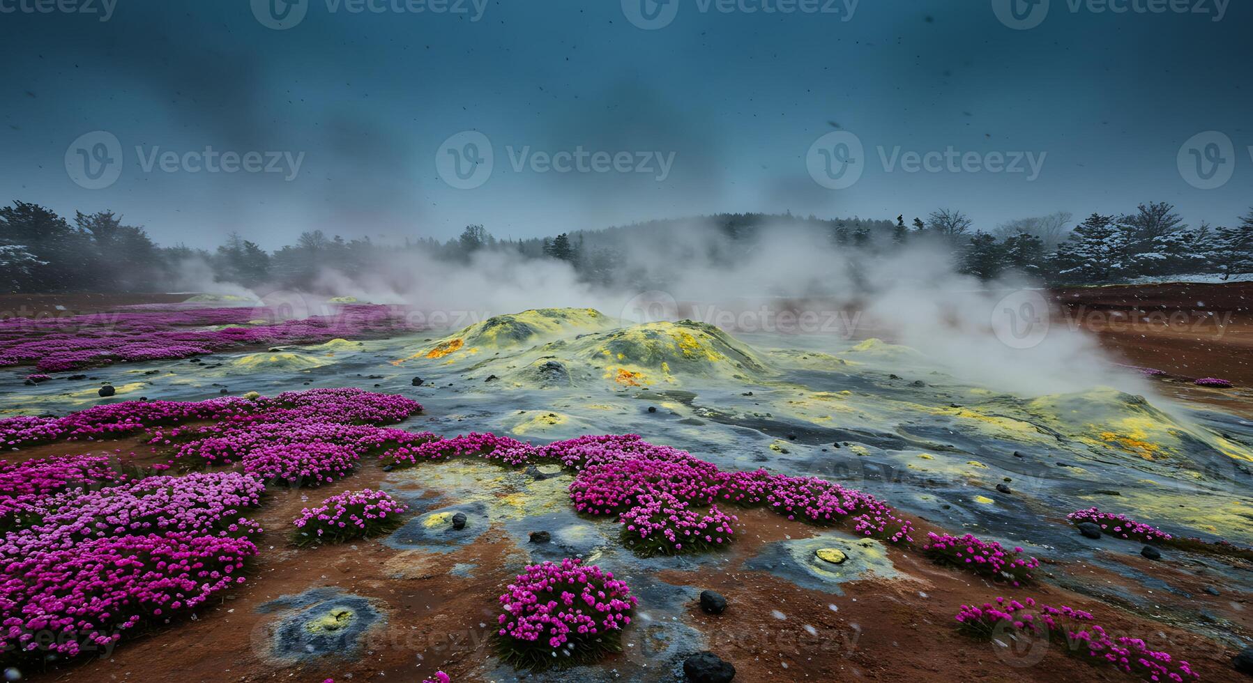 Volcanic Landscape with Steam Vents and Pink Flowers in Snowy Weather photo