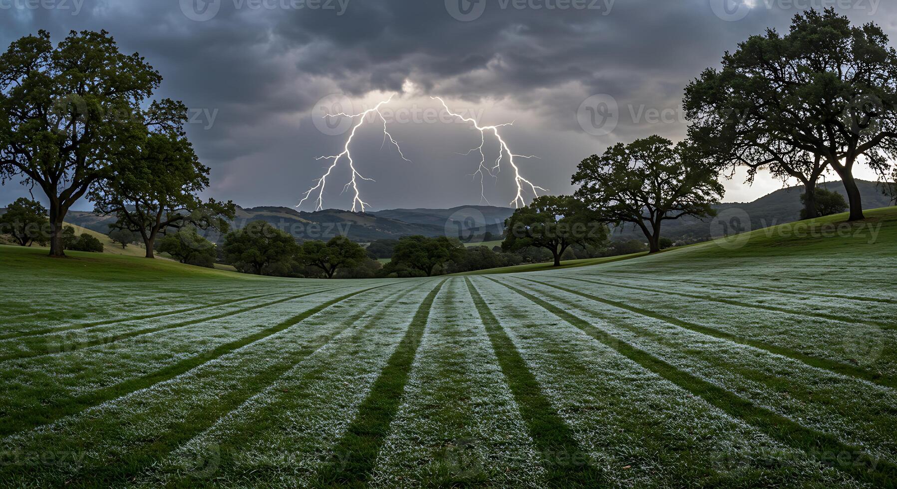 Striking Lightning Over Rolling Green Hills with Moody Storm Clouds photo