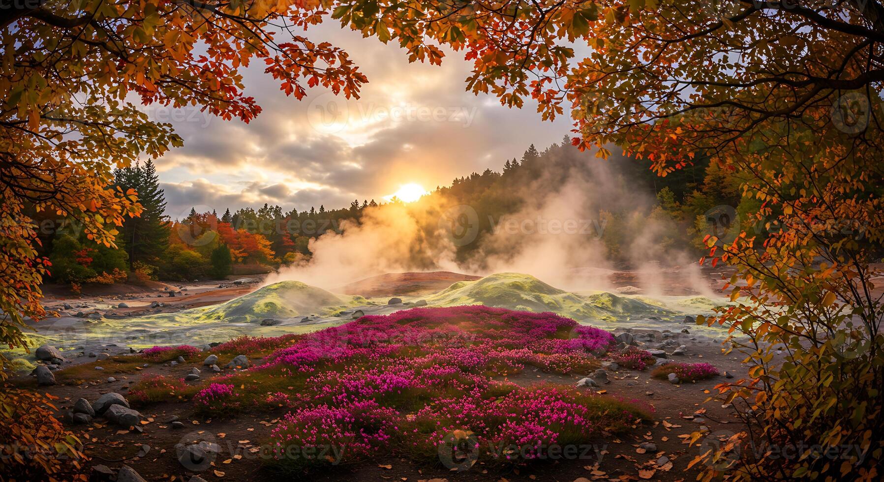 Autumn Landscape with Flowers, Steam, and Sunset Framing the Scene photo